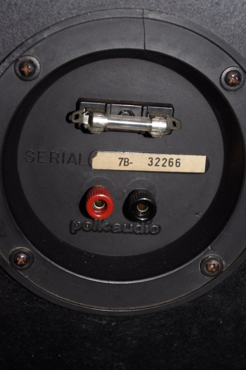 Polk Monitor 7B rear panel. Early Polks had fuses to the tweeters, replaced by polyswitches in later models.
