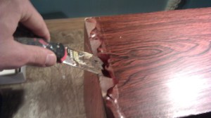 Peeling vinyl woodgrain off of the Polk 7Bs