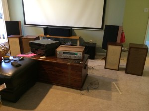 KLH 6 (brown weave grille) and KLH 20s in A/B test on my Sony STR-7045. NAD 7240PE and 5170 next to them on the bench.