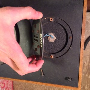 Close-up of EMIT tweeter in its housing. The tweeters can rotate 90 degrees in the cabinet for horizontal speaker placement - the limited vertical dispersion of the tweeter sound makes this a requirement.