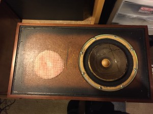 KLH 32 under the grille. Note use of fiberglass for tweeter attenuation It's cheaper than crossover components